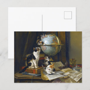 Vintag Mother Cat Kittens Geography World Globe Postkarte