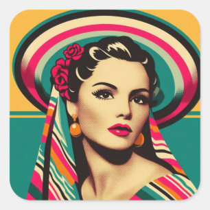 Vintag Mujer Latina con Sarape y Sombrero Quadratischer Aufkleber