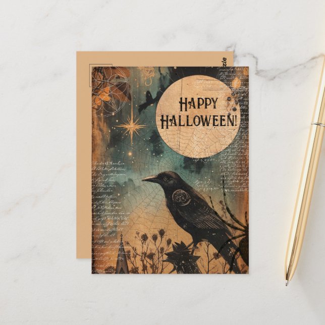 Vintag Mystic Raven Moon Happy Halloween Postkarte (Vorderseite/Rückseite Beispiel)