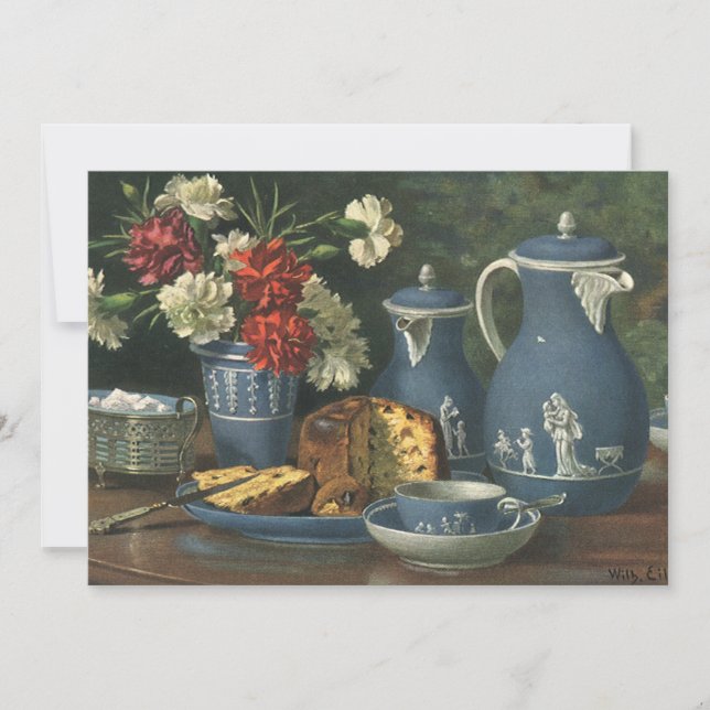 Vintag Nachmittags Kaffee, Kuchen, Tee und Blume (Vorderseite)