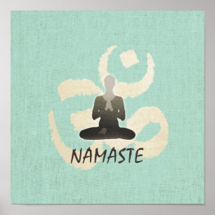 Vintag Namaste Gold Om Sign Green Linen Yoga Poster