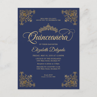 Vintag Navy Blue Gold Frame Tiara Quinceanera Postkarte