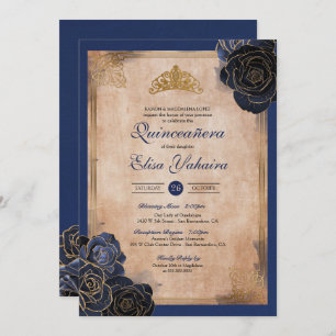Vintag Navy Blue Gold Rose Royal Quinceanera Einladung