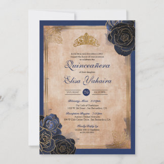 Vintag Navy Blue Gold Rose Royal Quinceanera Einladung