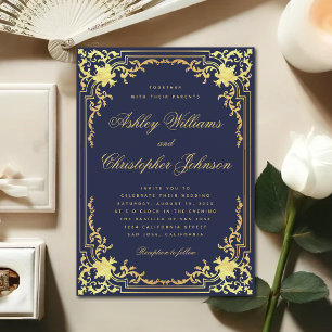 Vintag Navy Blue Imitate Gold Elegante Script Hoch Einladung