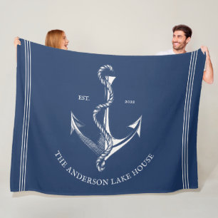 Vintag Navy Blue Nautical Anchor Lake Beach Boat Fleecedecke
