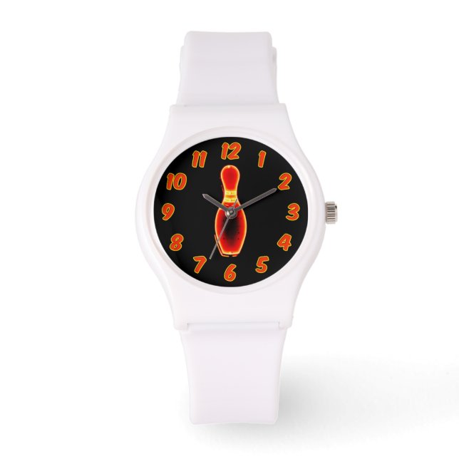Vintag Neon Bowling Button Armbanduhr (Vorderseite)