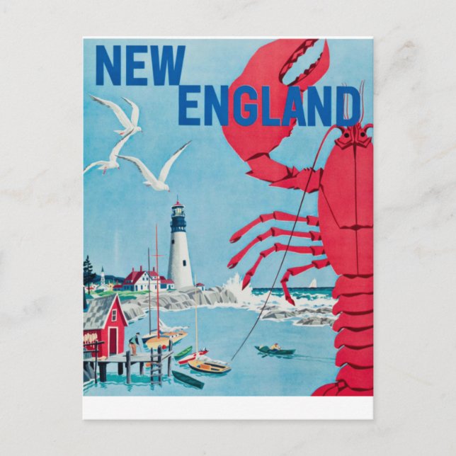 Vintag New England Lobster Lighthouse Travel Postkarte (Vorderseite)