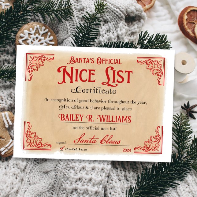 Vintag Nice Certificate Santa Magie Einladung (Official Nice List Certificate Santa Claus North Pole letter instant download printable)