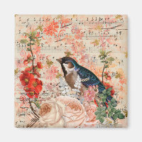 Vintag Orange Blue Floral Bird Musical Ephemere