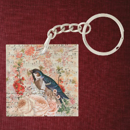 Vintag Orange Blue Floral Bird Musical Ephemere Schlüsselanhänger
