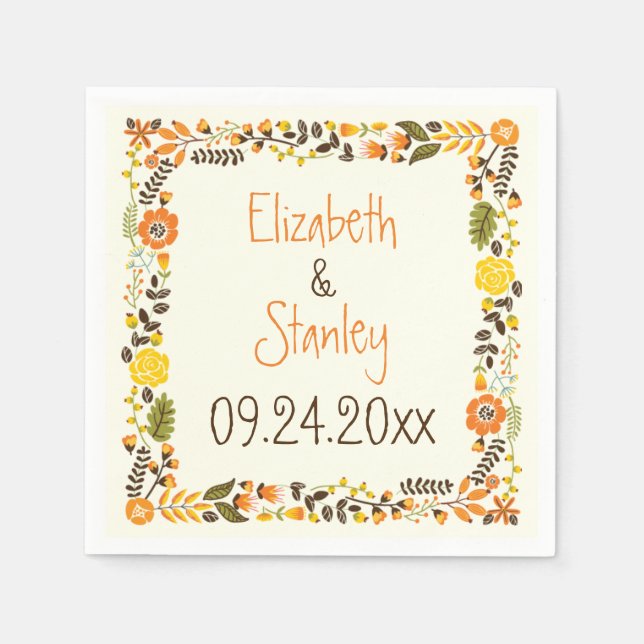 Vintag orange-gelbe Blumengrenze Moderne Hochzeit Serviette (Vorderseite)