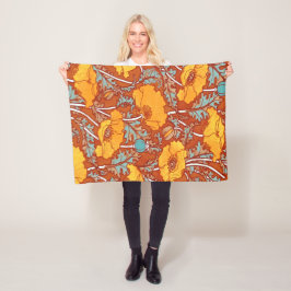 Vintag Orange Poppy Fleece Blanket