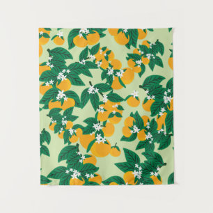 Vintag orangefarbene Früchte mit grünem Hintergrun Wandteppich