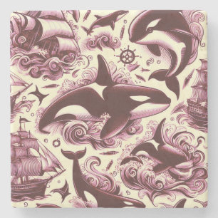 Vintag Orca Nautic Seamless Steinuntersetzer