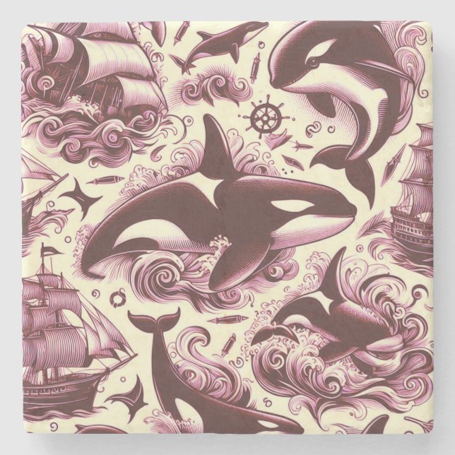 Vintag Orca Nautic Seamless Steinuntersetzer (Vorderseite)