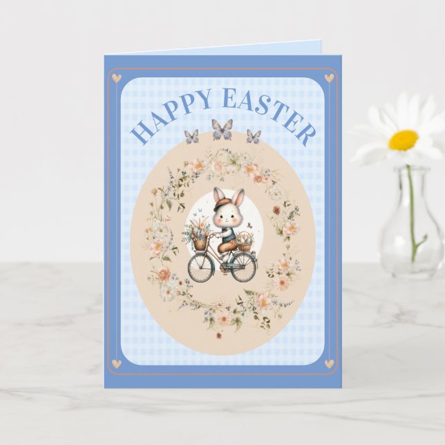 Vintag Osterfloral Bunny Blue Gingham Karo Karte (Kleine Pflanze)