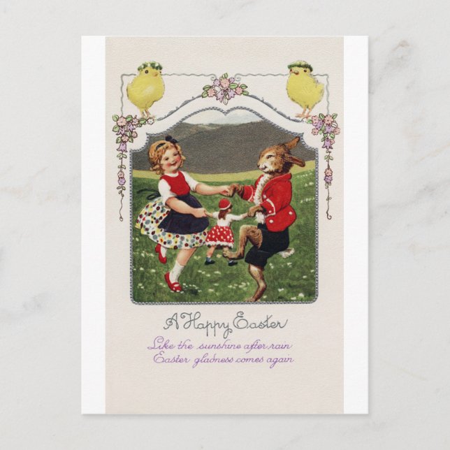 Vintag OsterGirl Bunny Chick Postkarte (Vorderseite)