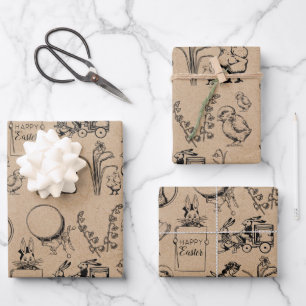Vintag Osterhasen und Chick Kraft Brown Geschenkpapier Set