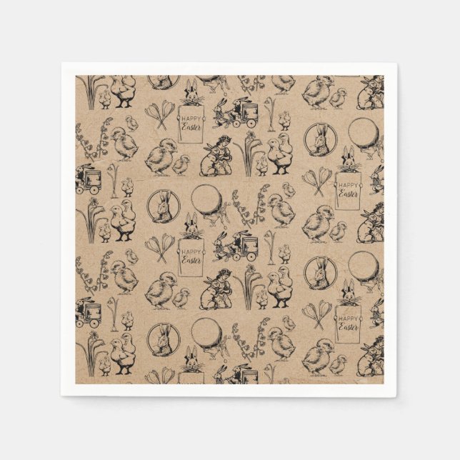 Vintag Osterhasen und Chick Kraft Brown Serviette (Vorderseite)