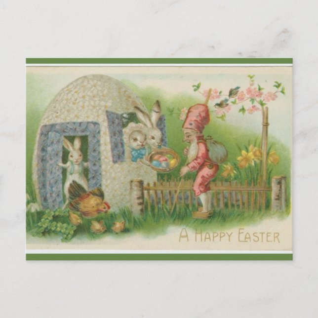 Vintag Osterhühnchen und Gnome Ostern Postkarte (Vorderseite)