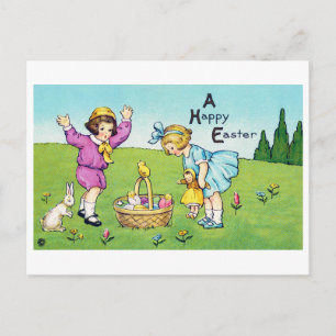 Vintag Osterkind Bunny Chick Postkarte
