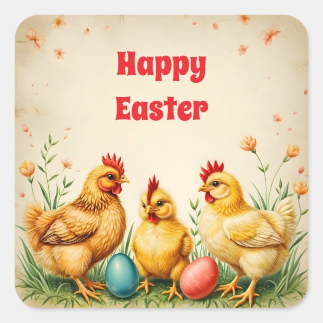 Vintag Ostern 3 Kleine Hühnerferien-Sammlung Quadratischer Aufkleber (Vorderseite)