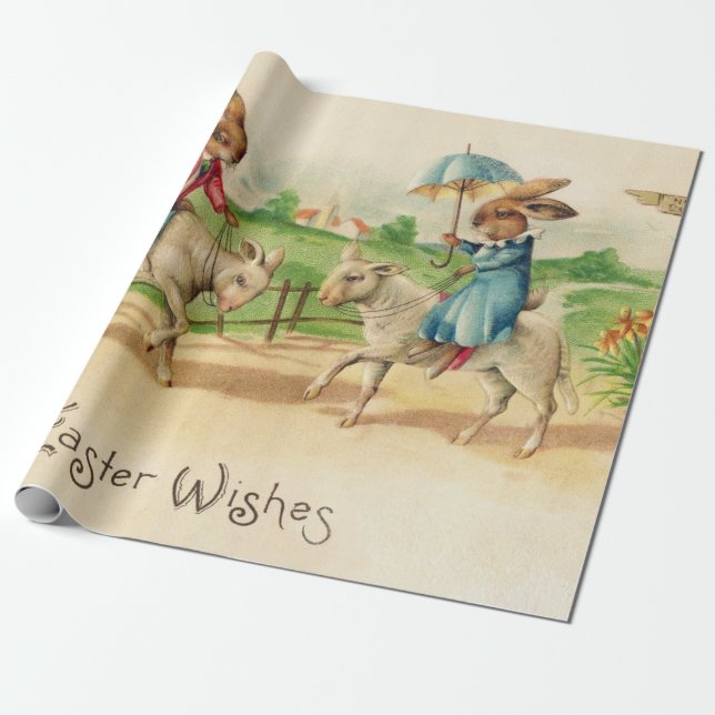 Vintag Ostern Bunny Rabbit Riding Lambs Grüße Geschenkpapier (Ungerollt)