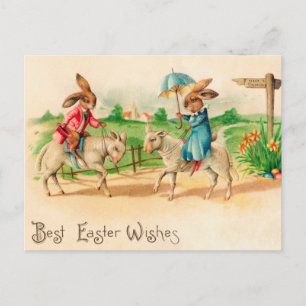 Vintag Ostern Bunny Rabbit Riding Lambs Grüße Postkarte