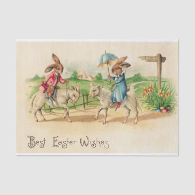 Vintag Ostern Bunny Rabbit Riding Lambs Grüße Seidenpapier (Vorderseite)