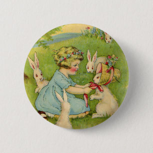 Vintag Ostern, Girl-Bonnet auf dem Kaninchen Button