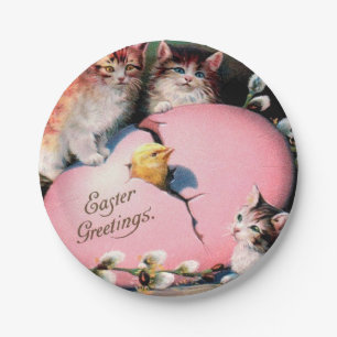 Vintag Ostern Grüße Katzen Küken und Ostereier Pappteller