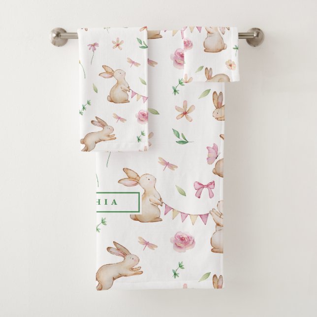 Vintag Osterrosa Kaninchenmuster Badhandtuch Set (Insitu)