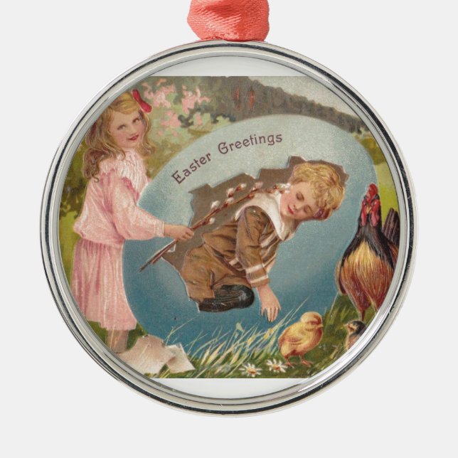 Vintag-OsterViktorianische Girl & Boy Silbernes Ornament (Vorne)