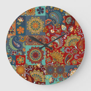 Vintag Paisley Mandala Colorful Patchwork Große Wanduhr