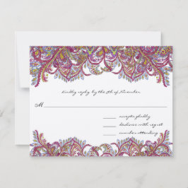 Vintag Paisley Raspberry Feathers RSVP Karte