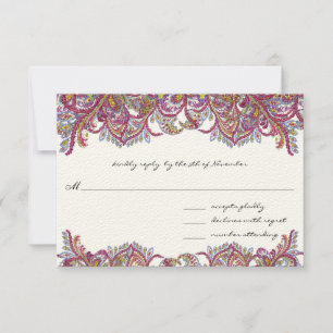 Vintag Paisley Raspberry Feathers RSVP Karte