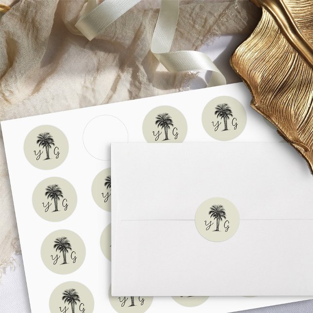 Vintag Palm Mit Monogramm Wedding Runder Aufkleber (Monogrammed wedding sticker - from my Vintage Palm Wedding Collection)