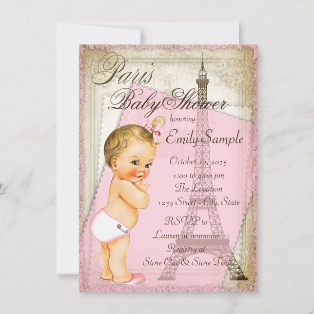 Vintag Paris Baby Girl Dusche Einladung (Vorderseite)
