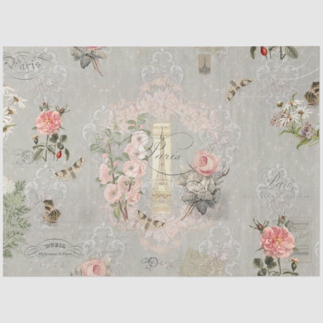 Vintag Paris Blush Pink Grau Blume Decoupage Seidenpapier (Vorderseite)