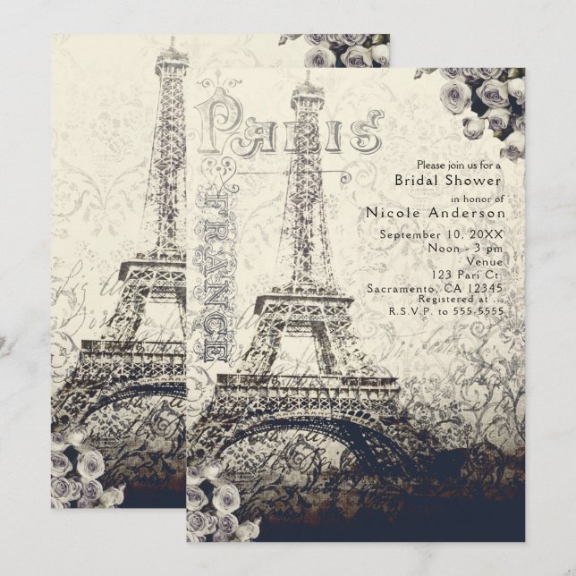 Vintag Paris Eiffelturm & Rose Chic Einladung (Vorne/Hinten)