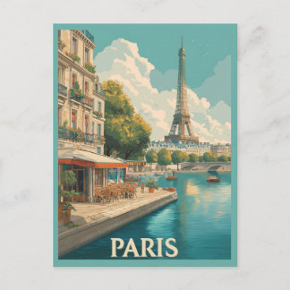 Vintag Paris: Eiffelturm & Seine Café Postkarte