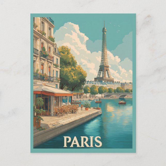 Vintag Paris: Eiffelturm & Seine Café Postkarte (Vorderseite)