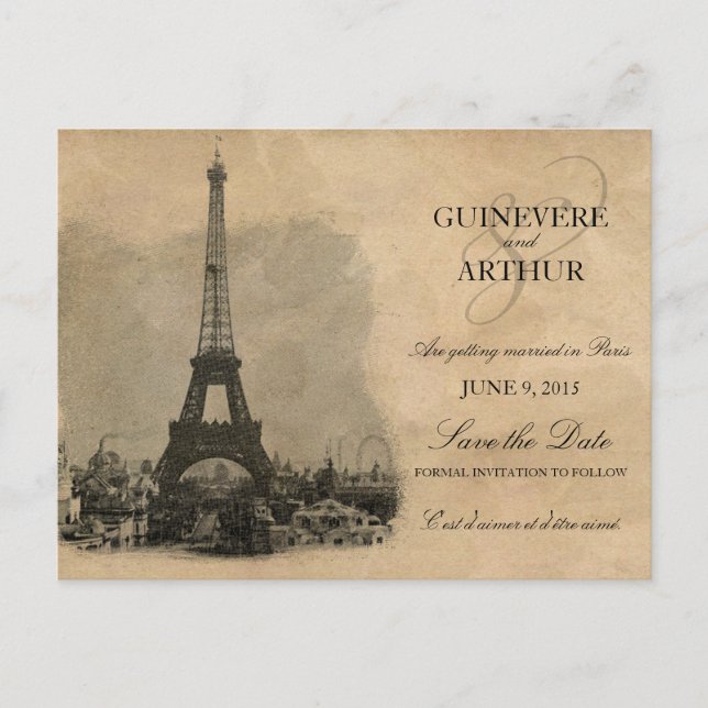 Vintag Paris Frankreich Hochzeit retten Datum Ankündigungspostkarte (Vorderseite)