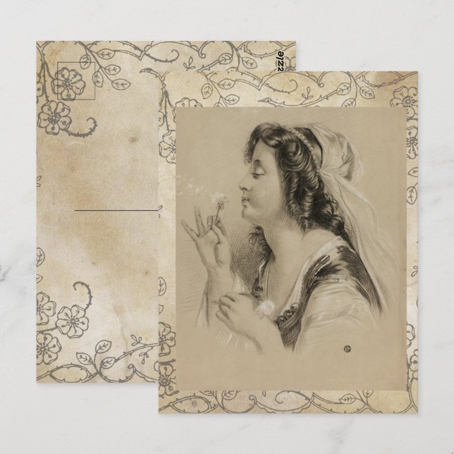 Vintag Paris Girl Dandelion Blume Postkarte (Vorne/Hinten)