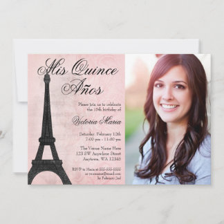 Vintag Paris Rosa Schwarzer Sweet 15 Quinceanera Einladung