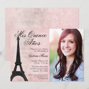 Vintag Paris Rosa Schwarzer Sweet 15 Quinceanera Einladung