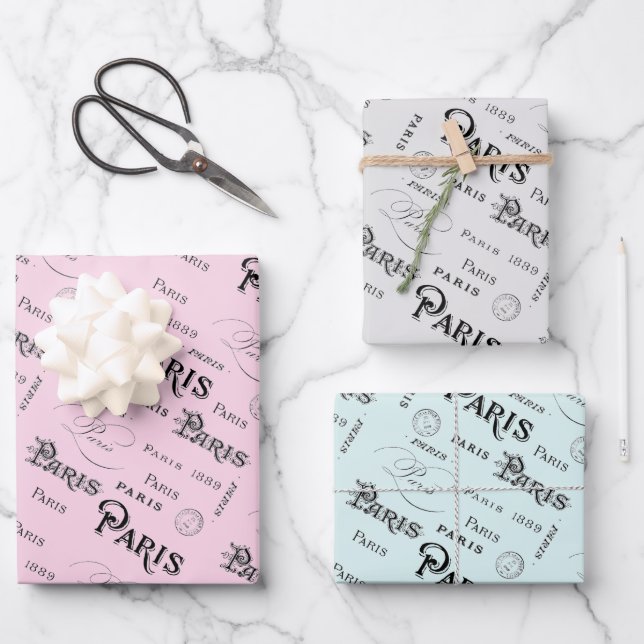 Vintag Paris Typografy Trio Geschenkpapier Set (Vorderseite)