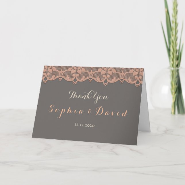 Vintag Peach Gray Lace Wedding DANK Dankeskarte (Vorderseite)