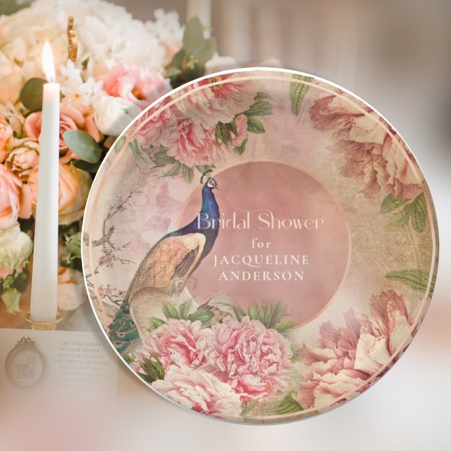 Vintag Peacock Elegantes Rosa Peony Brautparty Pappteller (Von Creator hochgeladen)